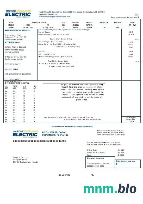 Canada Maritime Electric rachunek za usługi komunalne szablon w formacie Word i pdf